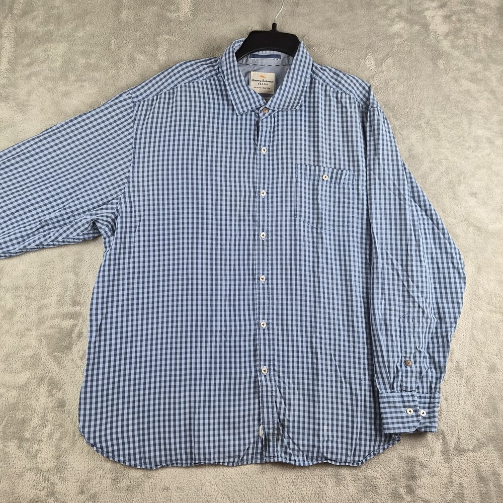 Tommy Bahama Jeans Shirt 2XL Blue Island Crafted Modern Fit Gingham Long Sleeve‎